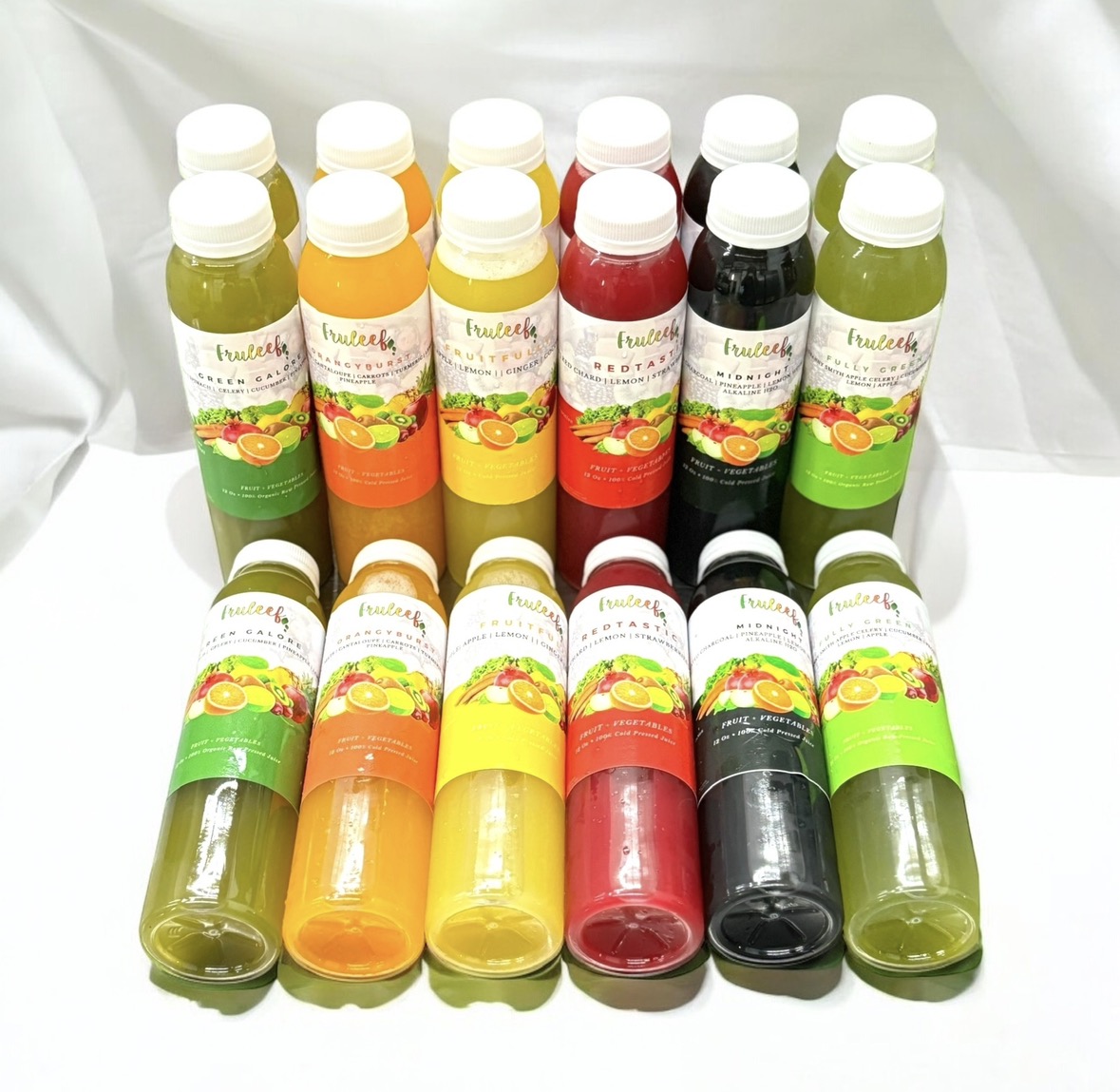 Fruleef 4-Day Juice Cleanse featuring 24 fresh cold-pressed juices and 4 vitality wellness shots. 4-Day Juice Cleanse | 24 Juices + 4 Wellness Shots